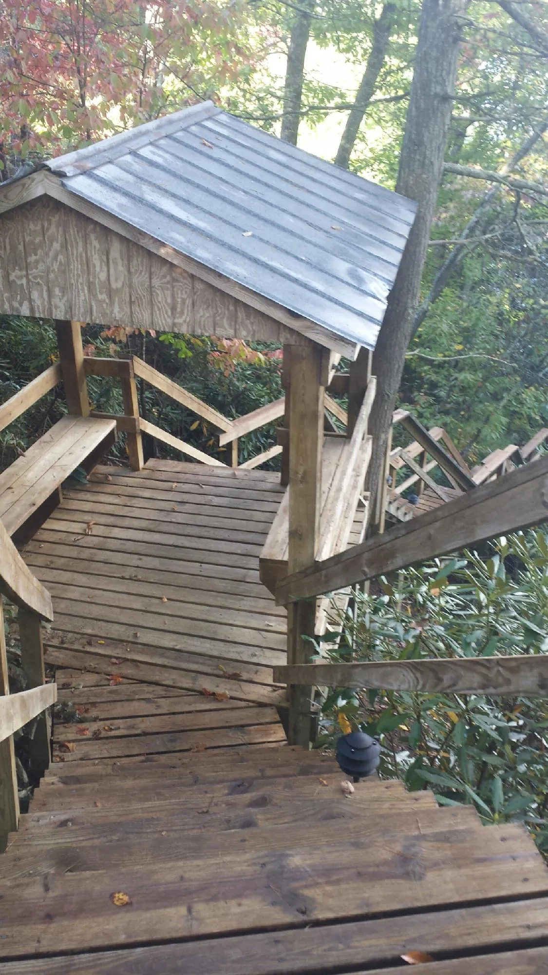 Metal roofed shelter over wooden steps on a wooded walkway — Skylight Repair & Installation work by our crew in Platte City